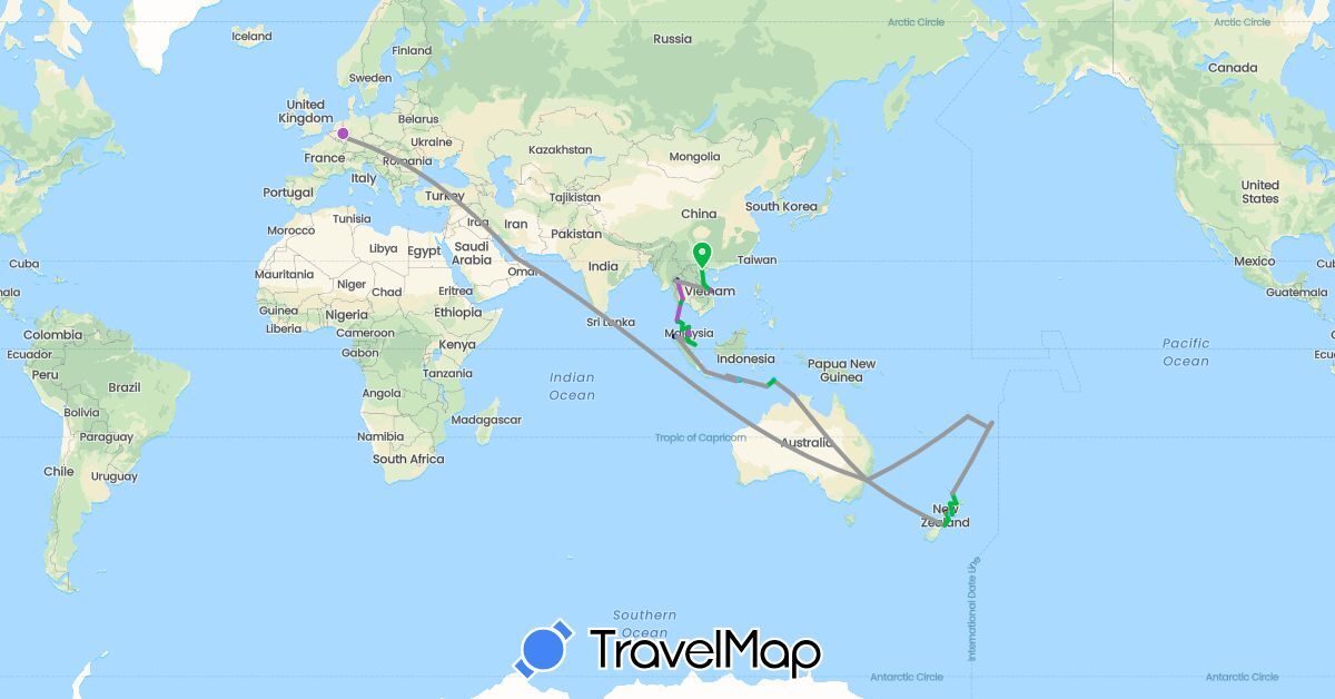 TravelMap itinerary: driving, bus, plane, train, hiking, boat, hitchhiking in United Arab Emirates, Australia, Germany, Fiji, Indonesia, Malaysia, New Zealand, Singapore, Thailand, East Timor, Tonga (Asia, Europe, Oceania)